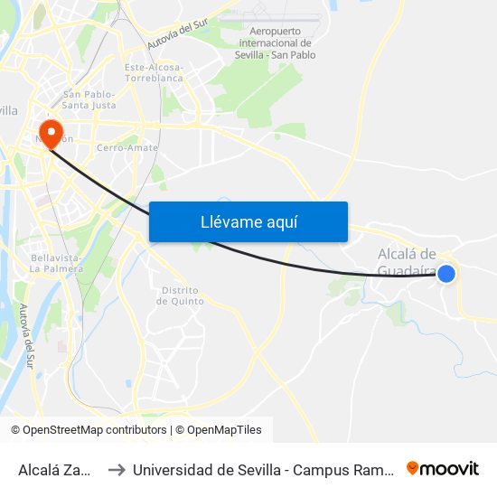 Alcalá Zamora to Universidad de Sevilla - Campus Ramón y Cajal map