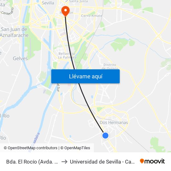 Bda. El Rocío (Avda. 4 de Diciembre) to Universidad de Sevilla - Campus Ramón y Cajal map