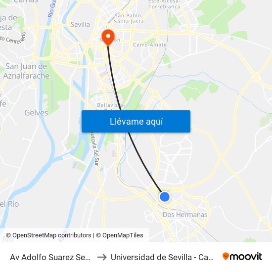 Av Adolfo Suarez Segunda Parada V to Universidad de Sevilla - Campus Ramón y Cajal map