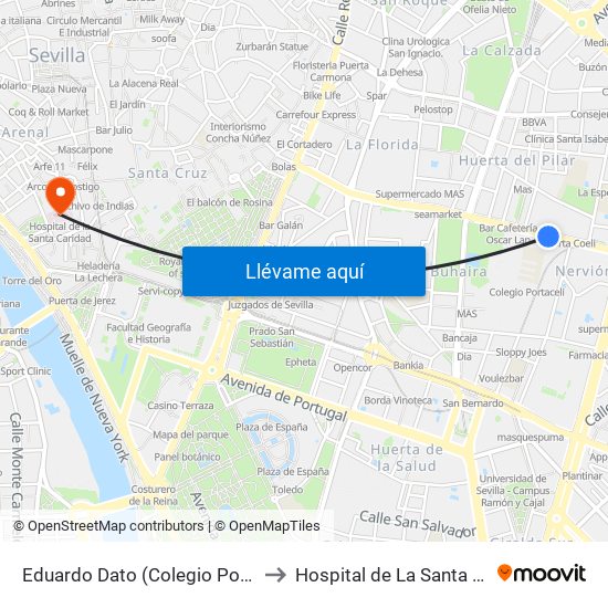 Eduardo Dato (Colegio Porta Coeli) to Hospital de La Santa Caridad map