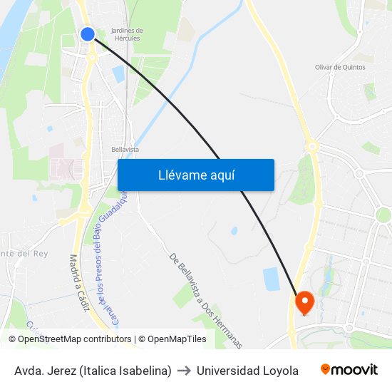 Avda. Jerez (Italica Isabelina) to Universidad Loyola map