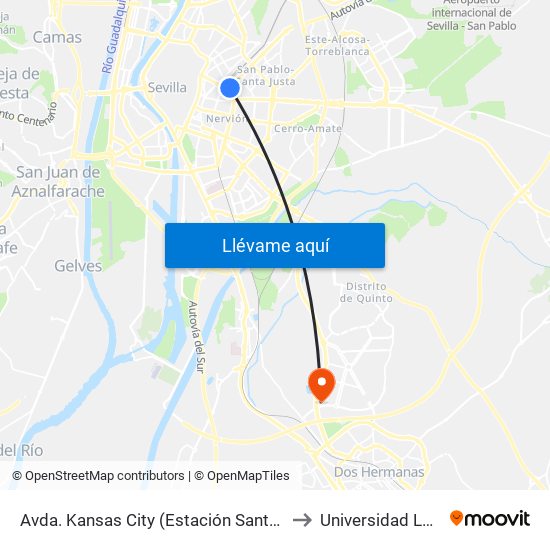 Avda. Kansas City (Estación Santa Justa) to Universidad Loyola map