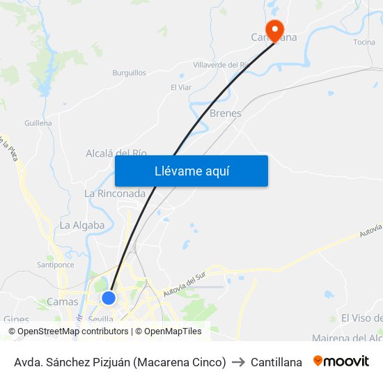 Avda. Sánchez Pizjuán (Macarena Cinco) to Cantillana map