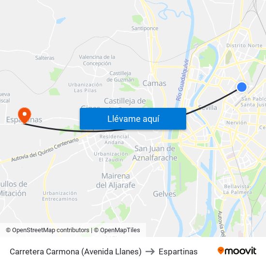 Carretera Carmona (Avenida Llanes) to Espartinas map