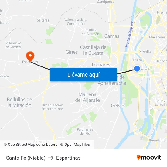 Santa Fe (Niebla) to Espartinas map