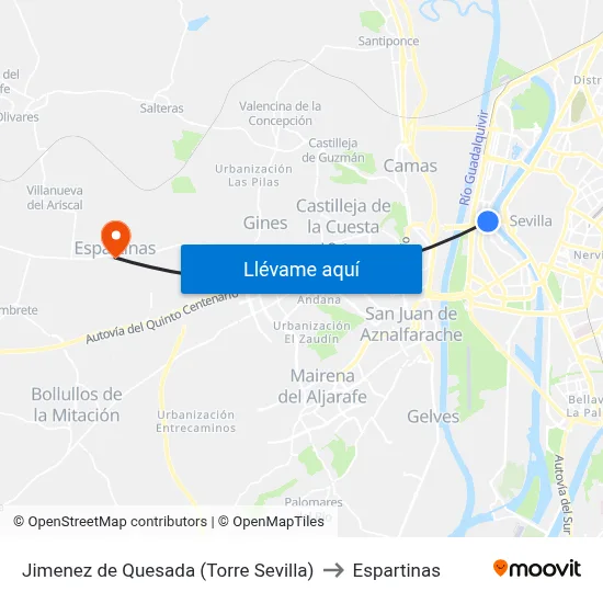 Jimenez de Quesada (Torre Sevilla) to Espartinas map