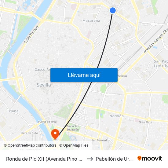 Ronda de Pío XII (Avenida Pino Montano) to Pabellón de Uruguay map