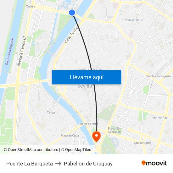 Puente La Barqueta to Pabellón de Uruguay map