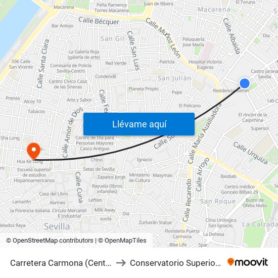 Carretera Carmona (Centro de Salud) to Conservatorio Superior de Música map