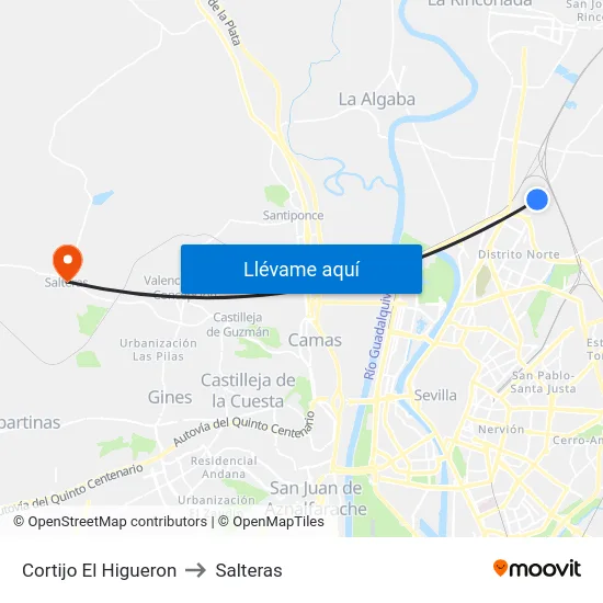Cortijo El Higueron to Salteras map