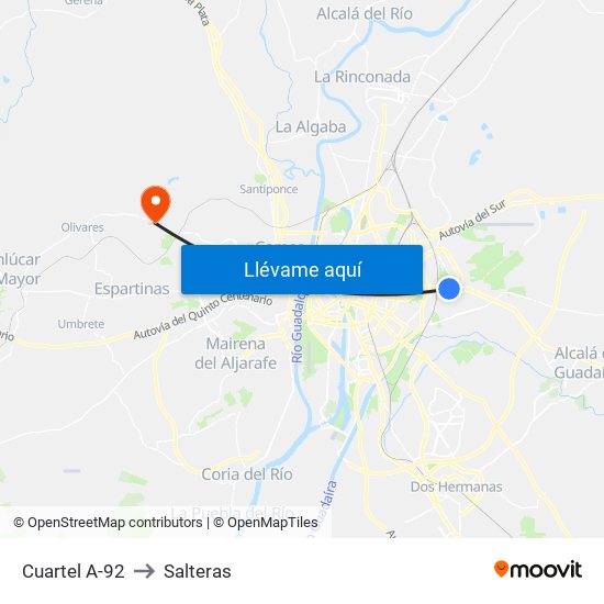 Cuartel A-92 to Salteras map