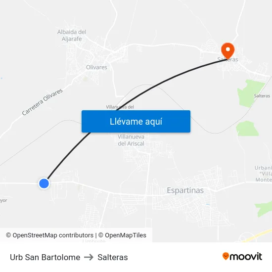Urb San Bartolome to Salteras map