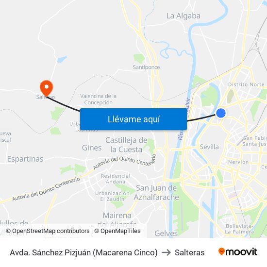 Avda. Sánchez Pizjuán (Macarena Cinco) to Salteras map