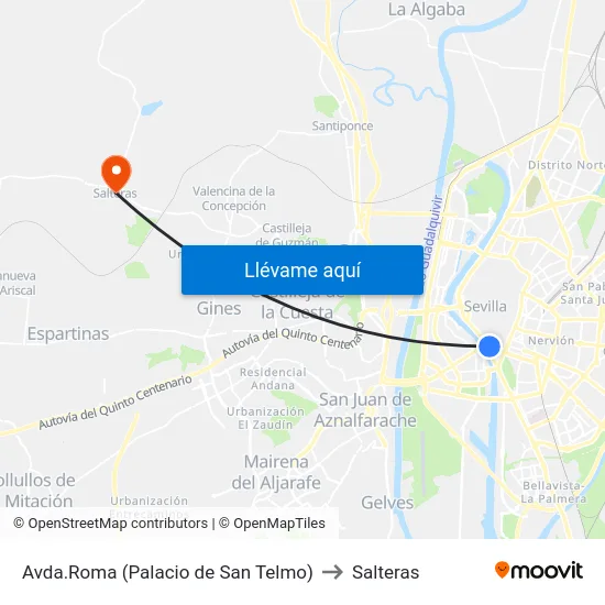 Avda.Roma (Palacio de San Telmo) to Salteras map