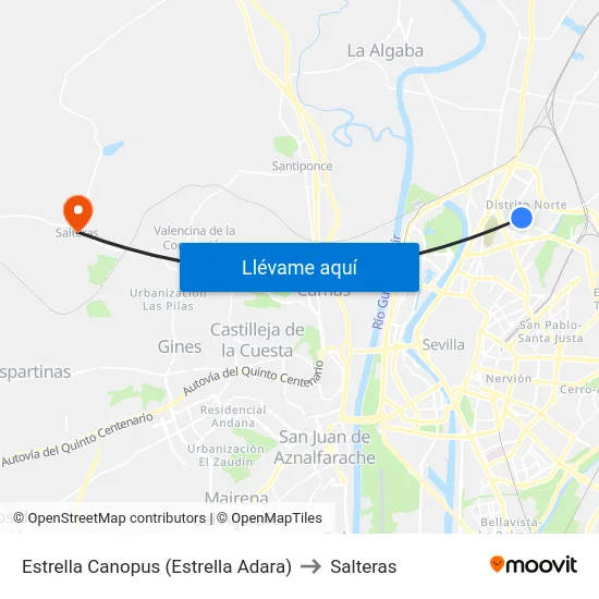 Estrella Canopus (Estrella Adara) to Salteras map
