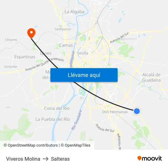 Viveros Molina to Salteras map