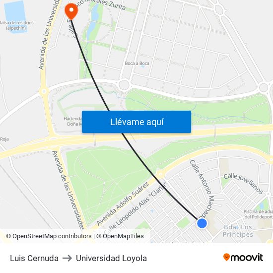 Luis Cernuda to Universidad Loyola map