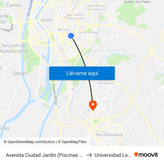 Avenida Ciudad Jardín (Piscinas Sevilla) to Universidad Loyola map
