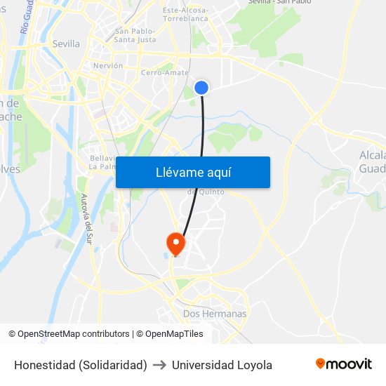 Honestidad (Solidaridad) to Universidad Loyola map