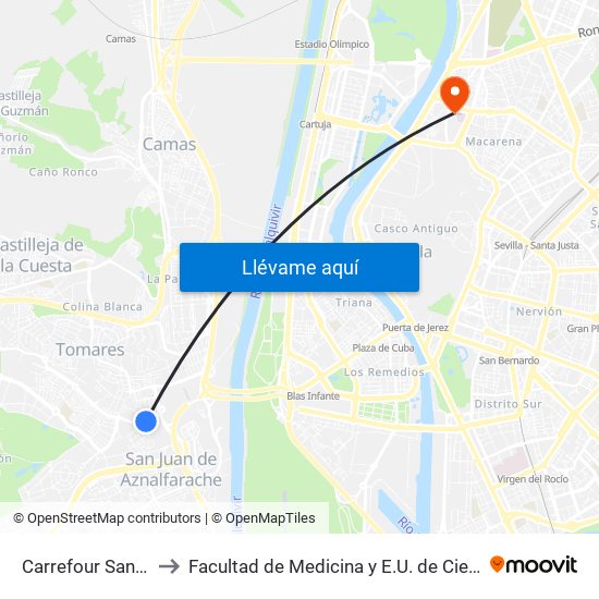 Carrefour San Juan (V) to Facultad de Medicina y E.U. de Ciencias de La Salud map