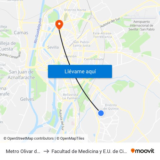 Metro Olivar de Quintos to Facultad de Medicina y E.U. de Ciencias de La Salud map