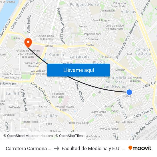 Carretera Carmona (Pedro de Mena) to Facultad de Medicina y E.U. de Ciencias de La Salud map