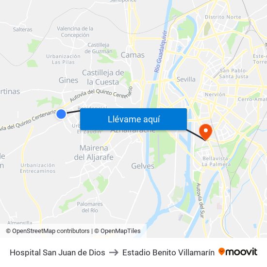 Hospital San Juan de Dios to Estadio Benito Villamarín map