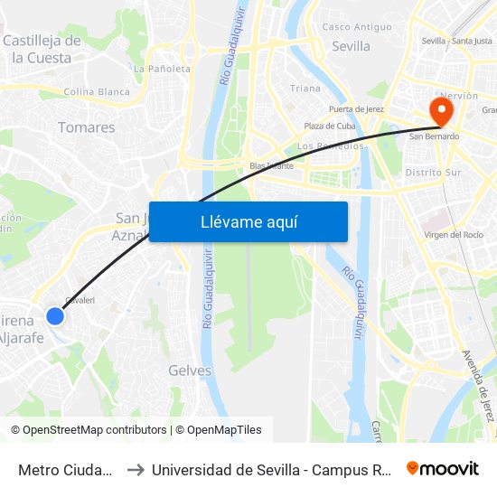 Metro Ciudad Expo to Universidad de Sevilla - Campus Ramón y Cajal map