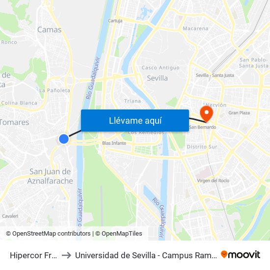 Hipercor Frente to Universidad de Sevilla - Campus Ramón y Cajal map