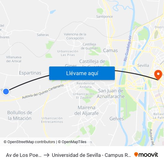 Av de Los Poetas 35 to Universidad de Sevilla - Campus Ramón y Cajal map