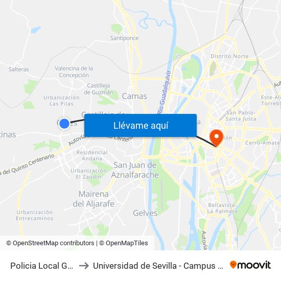 Policia Local Gines (V) to Universidad de Sevilla - Campus Ramón y Cajal map