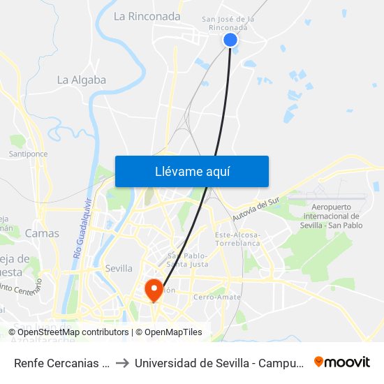 Renfe Cercanias San Jose to Universidad de Sevilla - Campus Ramón y Cajal map