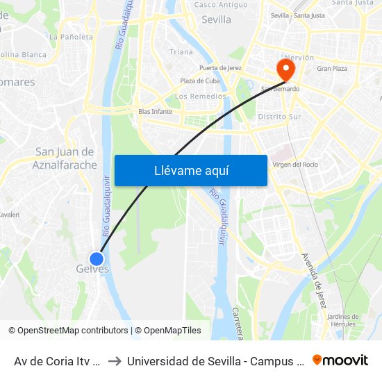 Av de Coria Itv (Frente) to Universidad de Sevilla - Campus Ramón y Cajal map
