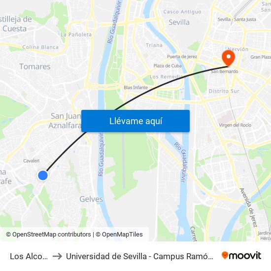 Los Alcores to Universidad de Sevilla - Campus Ramón y Cajal map