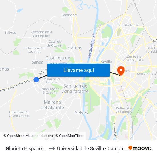 Glorieta Hispanoamerica (I) to Universidad de Sevilla - Campus Ramón y Cajal map