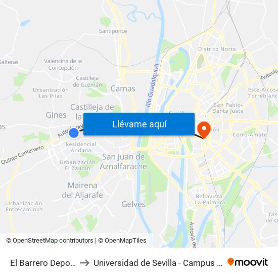 El Barrero Depositos (I) to Universidad de Sevilla - Campus Ramón y Cajal map