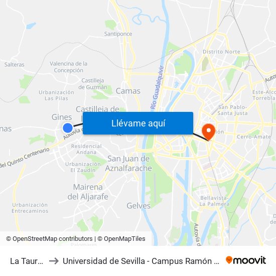 La Taurina to Universidad de Sevilla - Campus Ramón y Cajal map