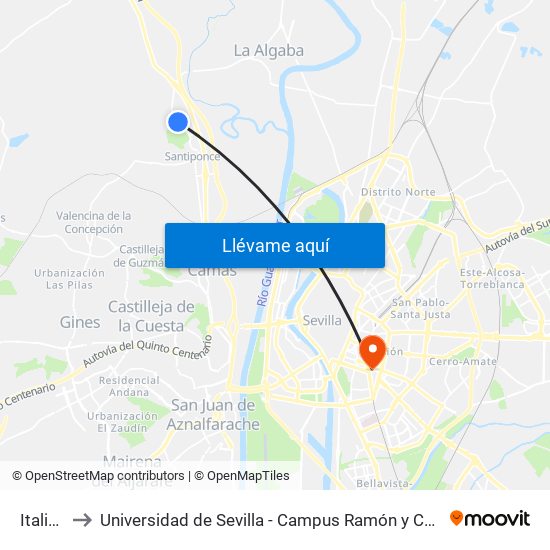 Italica to Universidad de Sevilla - Campus Ramón y Cajal map