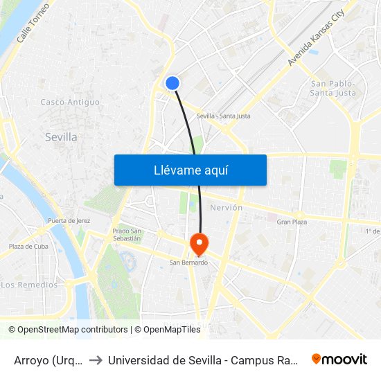 Arroyo (Urquiza) to Universidad de Sevilla - Campus Ramón y Cajal map