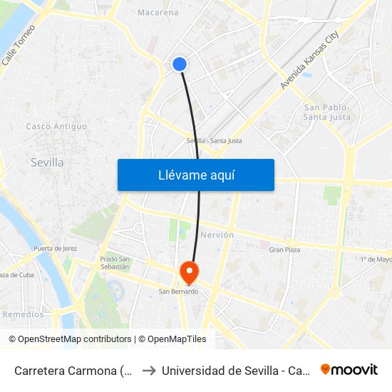 Carretera Carmona (Centro de Salud) to Universidad de Sevilla - Campus Ramón y Cajal map