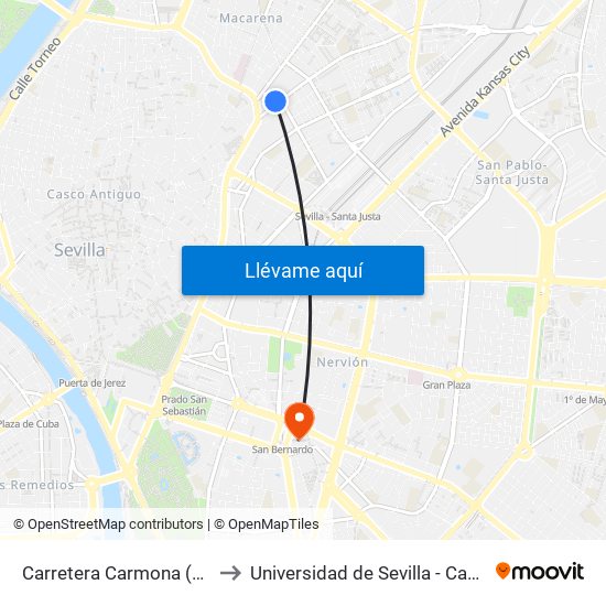 Carretera Carmona (Centro de Salud) to Universidad de Sevilla - Campus Ramón y Cajal map