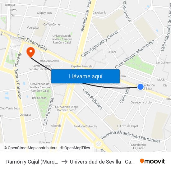 Ramón y Cajal (Marqués de Nervión) to Universidad de Sevilla - Campus Ramón y Cajal map