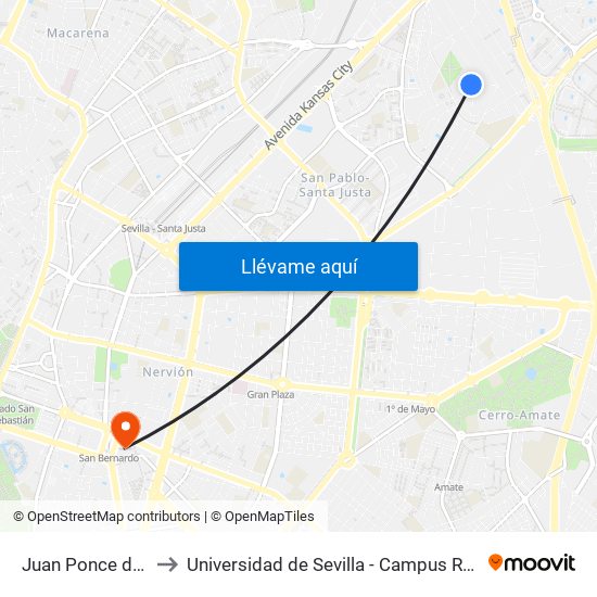 Juan Ponce de León to Universidad de Sevilla - Campus Ramón y Cajal map