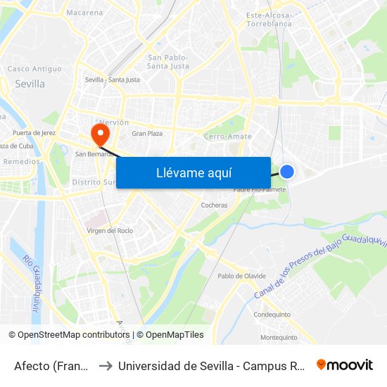 Afecto (Franqueza) to Universidad de Sevilla - Campus Ramón y Cajal map