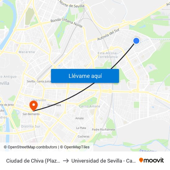 Ciudad de Chiva (Plaza Encina Del Rey) to Universidad de Sevilla - Campus Ramón y Cajal map