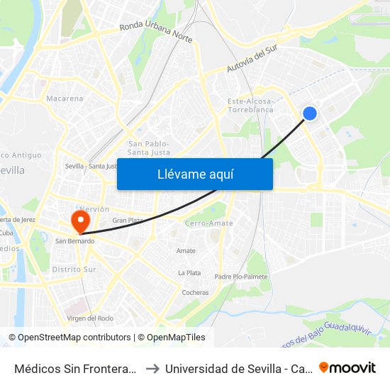 Médicos Sin Fronteras (Dra. Navarro R.) to Universidad de Sevilla - Campus Ramón y Cajal map