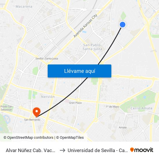 Alvar Núñez Cab. Vaca (Fray M. de Niza) to Universidad de Sevilla - Campus Ramón y Cajal map