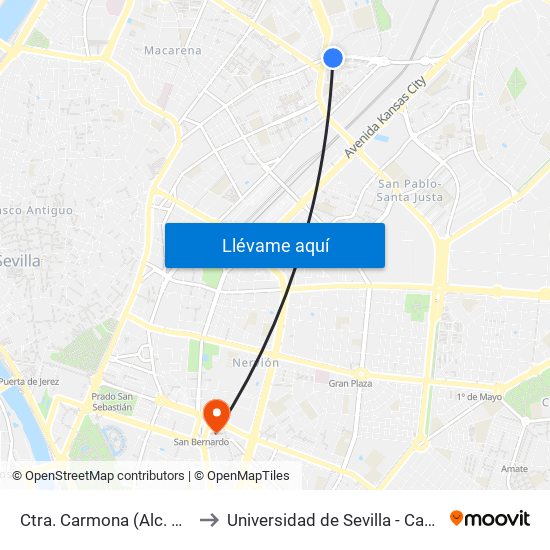 Ctra. Carmona (Alc. Manuel Del Valle) to Universidad de Sevilla - Campus Ramón y Cajal map