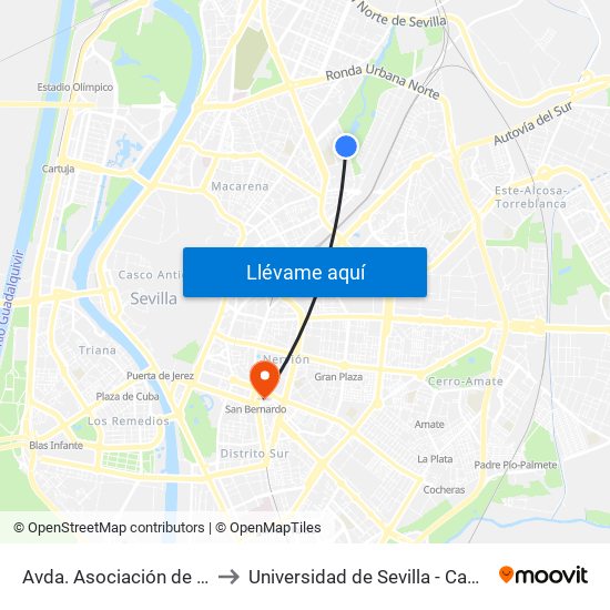 Avda. Asociación de Vecinos (Ojiva) to Universidad de Sevilla - Campus Ramón y Cajal map
