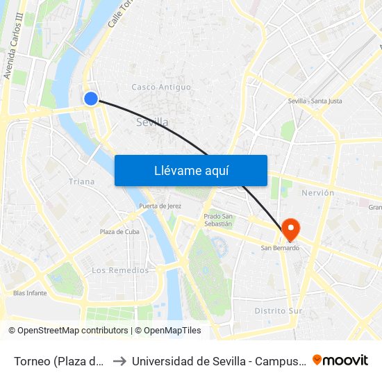 Torneo (Plaza de Armas) to Universidad de Sevilla - Campus Ramón y Cajal map